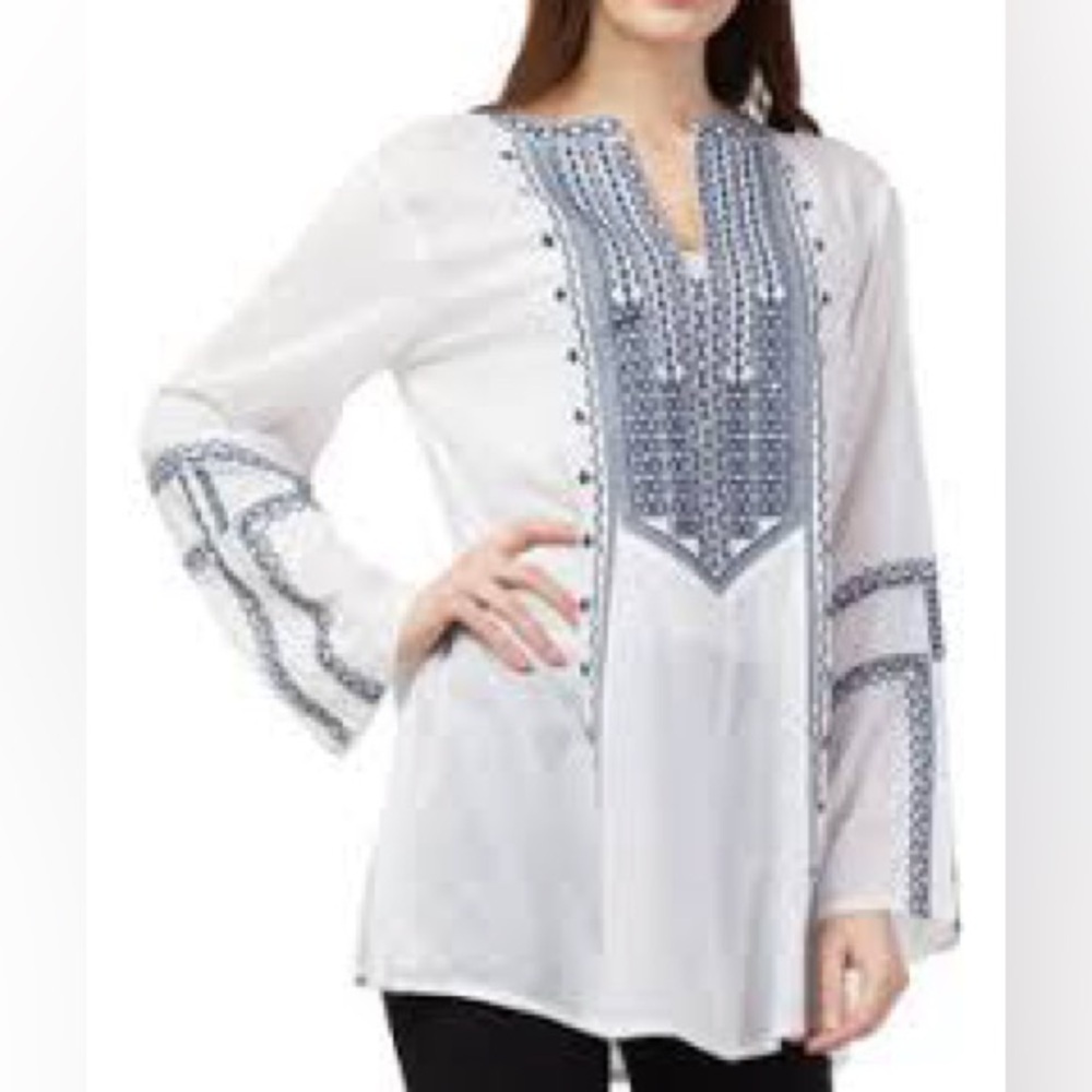 Raj Navy Blue and White Embroidered Tunic with Mandarin Collar
